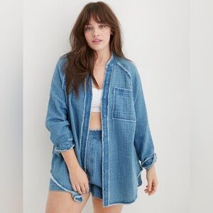 Aerie Gauzy Coverup Shirt, Light Wash, XXL